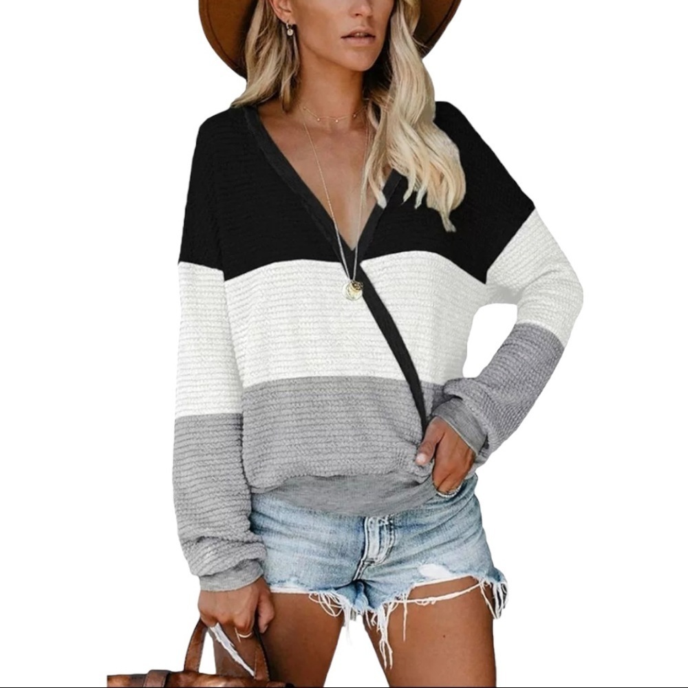 Sweaters for Women V Neck Wrap Waffle Knit Tops, black-white-grey